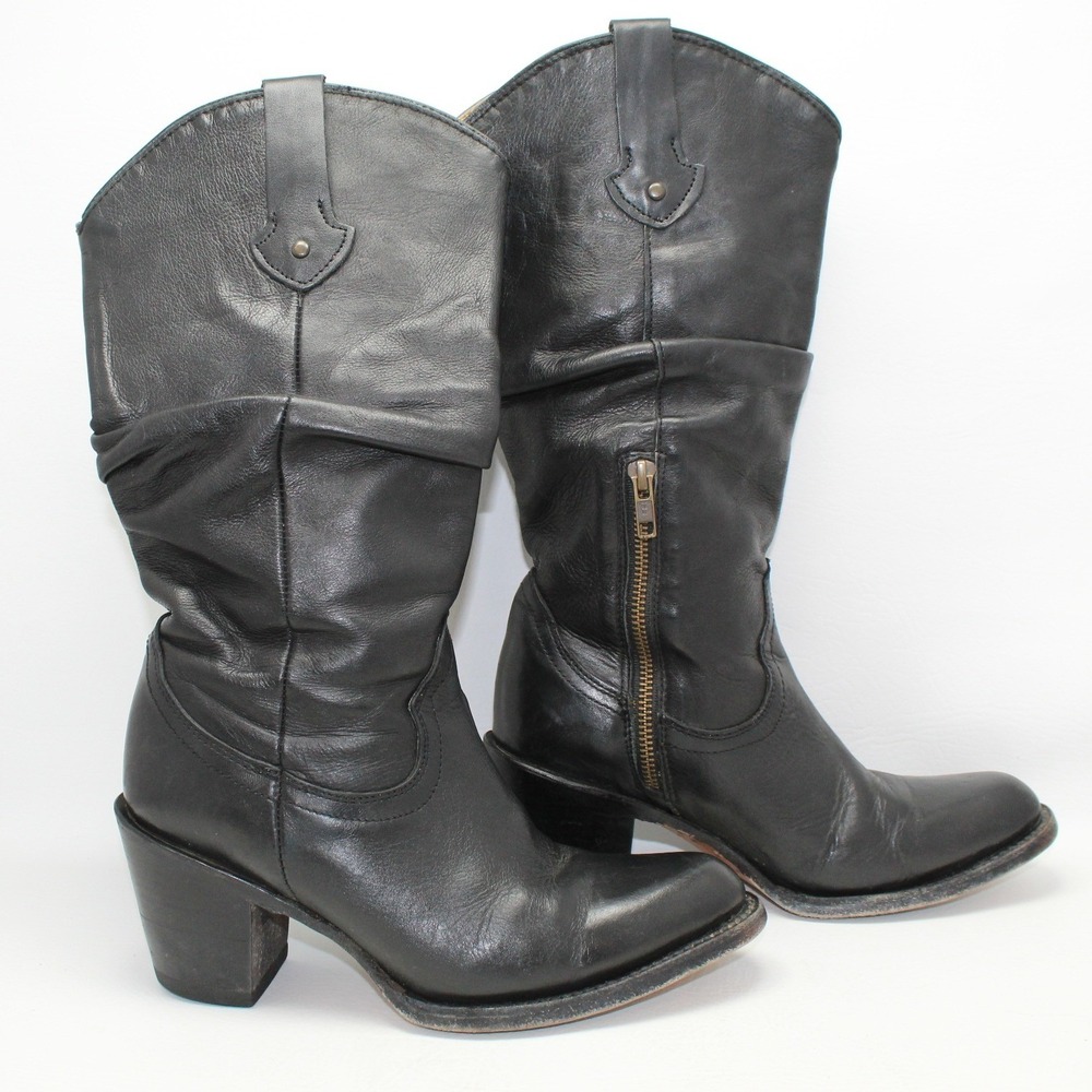 Minotauro Black Leather Slouchy Western Boots Womens 7 Made in Mexico Zip Up